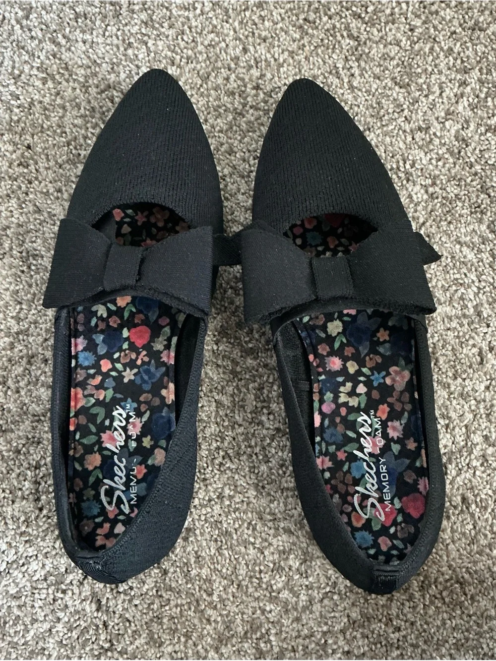 Skechers CLEO Black Pointed-Toe Flats with Top Bow